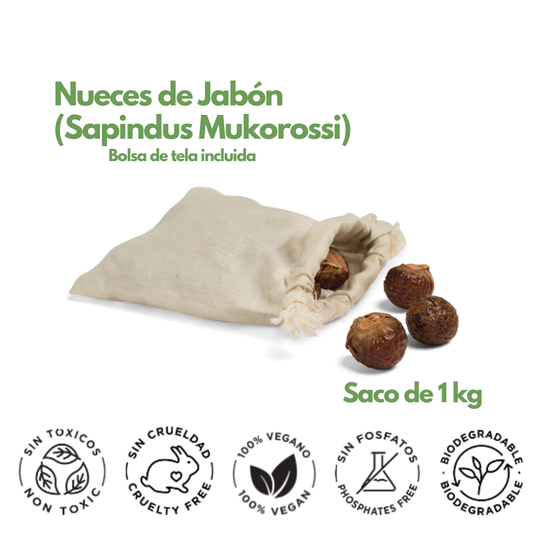 Nueces de Jabón (Sapindus Mukorossi) - Saco de 1 kg con bolsa de tela (Lavadora)